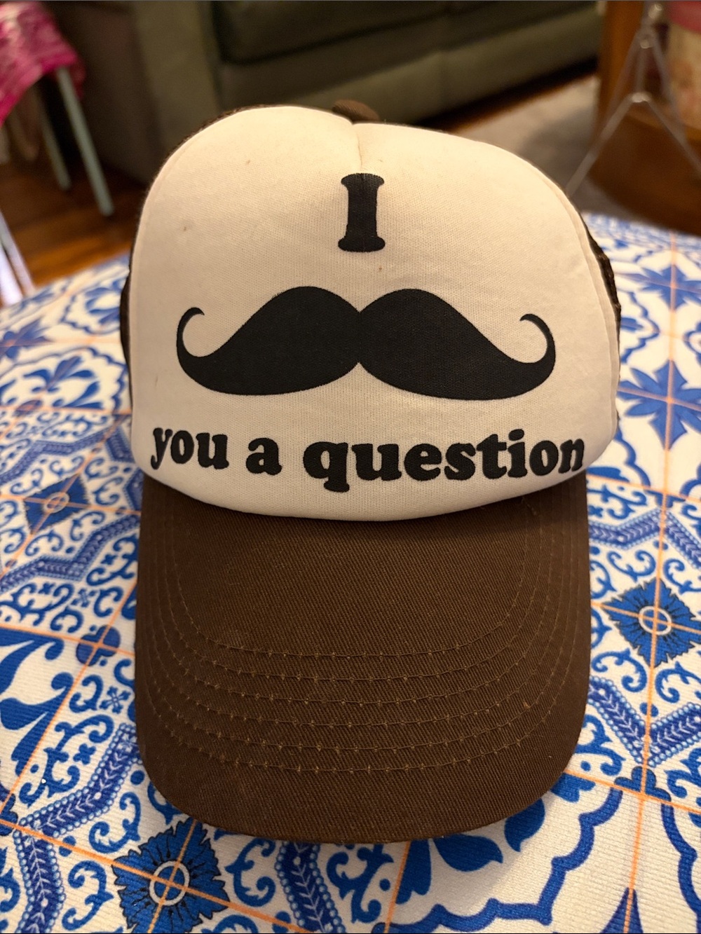 Novelty 'I (mustache) you a question' Brown & Cream Trucker Cap
